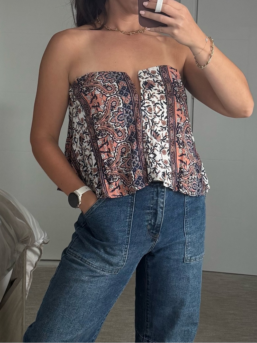 Solemio Strapless Patterned Top.
